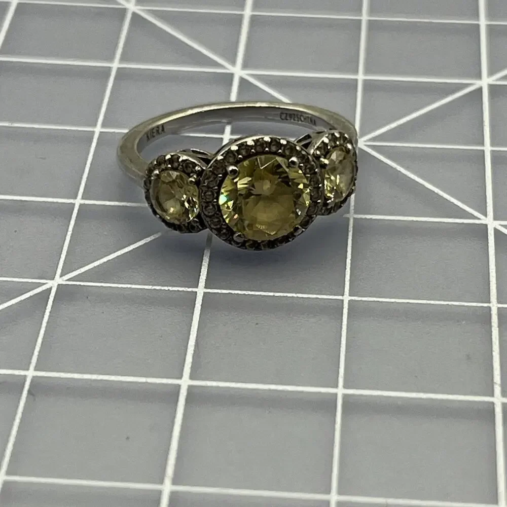 KIERA COUTURE 925 STERLING SILVER 3 CANARY YELLOW CRYSTALS HALO RING Sz 8